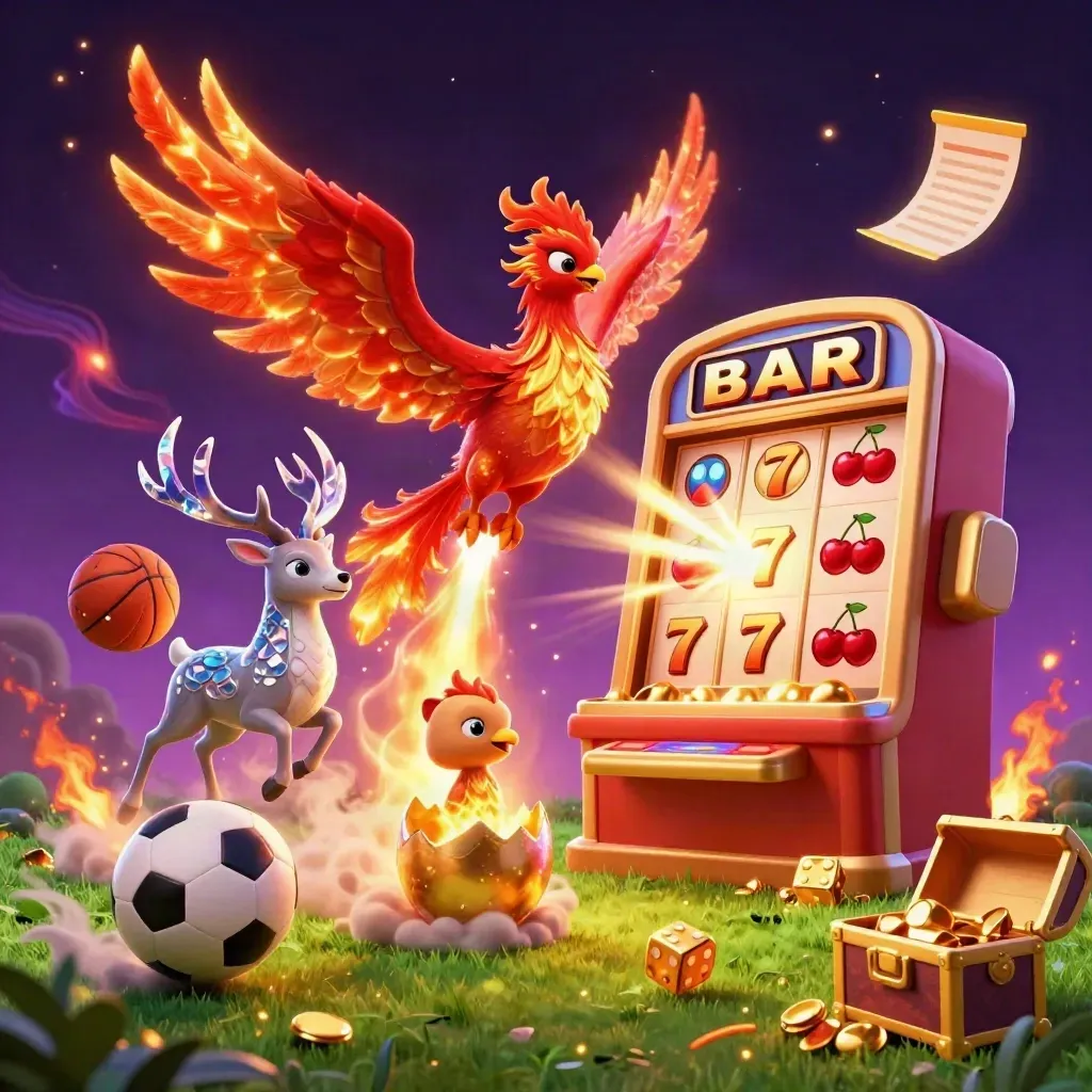 Phoenix, stag, slot burst, soccer ball and basketball fly through neon casino magic.