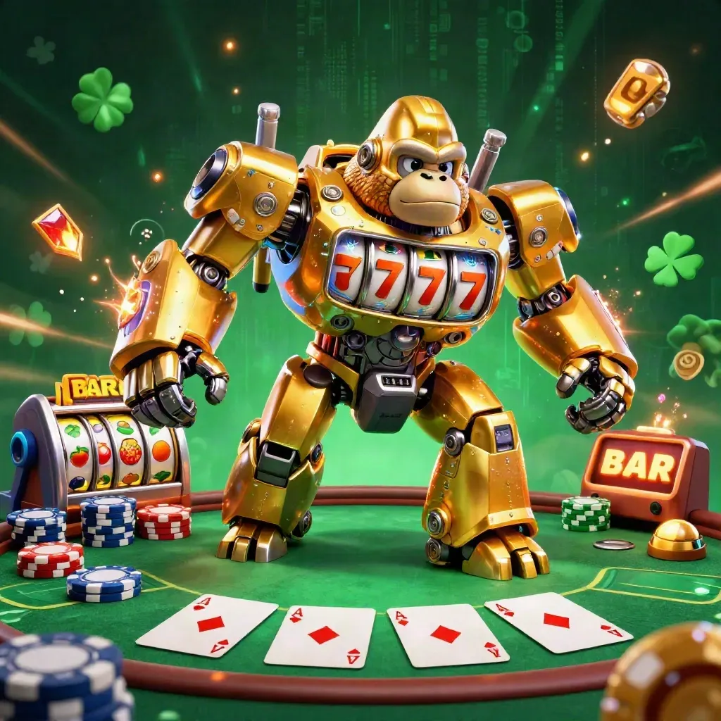 Golden gorilla mech with tiny monkey pilot amid casino chips, cards, and neon green energy.