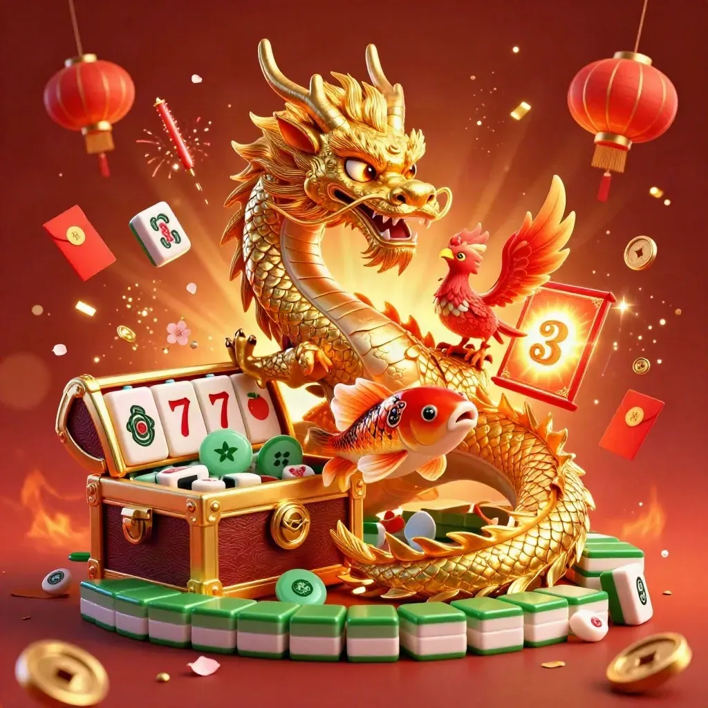 Golden dragon with phoenix and koi amid casino relics, lanterns, coins, and fiery glow.