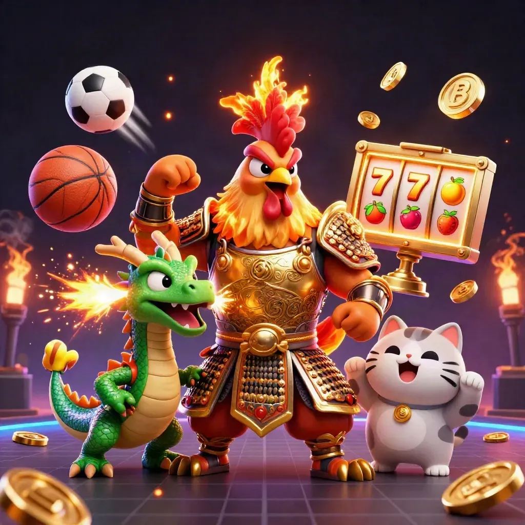 Rooster samurai with dragon hatchling and fortune cat amid casino sparks, coins, balls, and slot symbols.